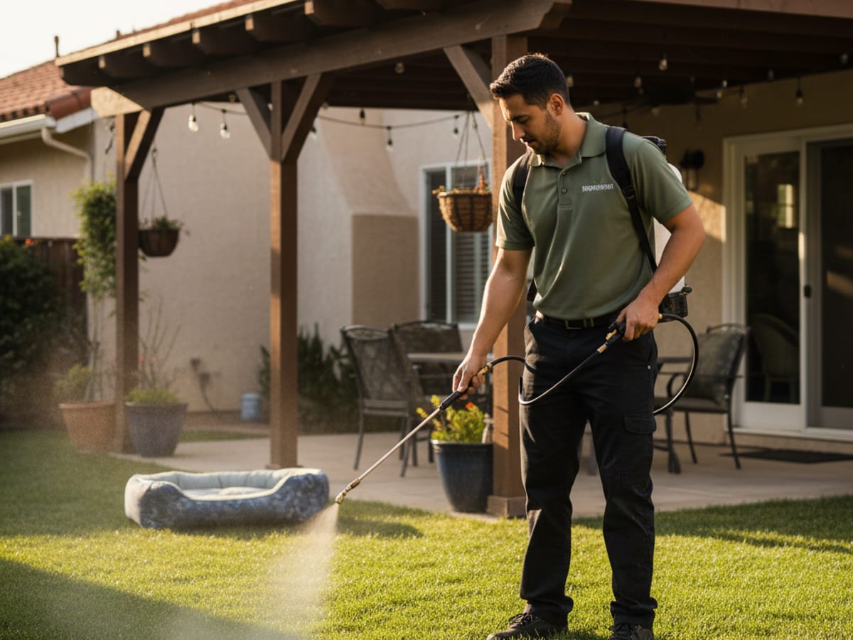 A pest control technician treating a backyard for fleas and ticks in shaded grass areas in San Diego