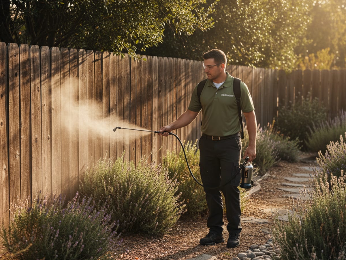 A pest control technician treating dense yard foliage for mosquitoes in a San Diego backyard