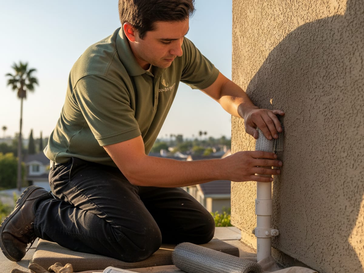 A pest control technician sealing a rodent entry point on the exterior of a San Diego home