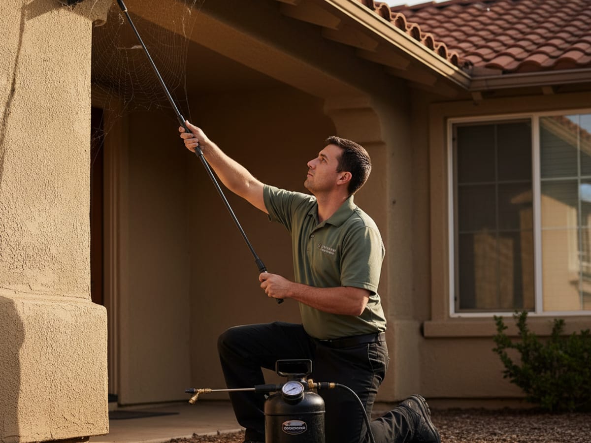 A pest control technician knocking down spider webs from the eaves of a San Diego home