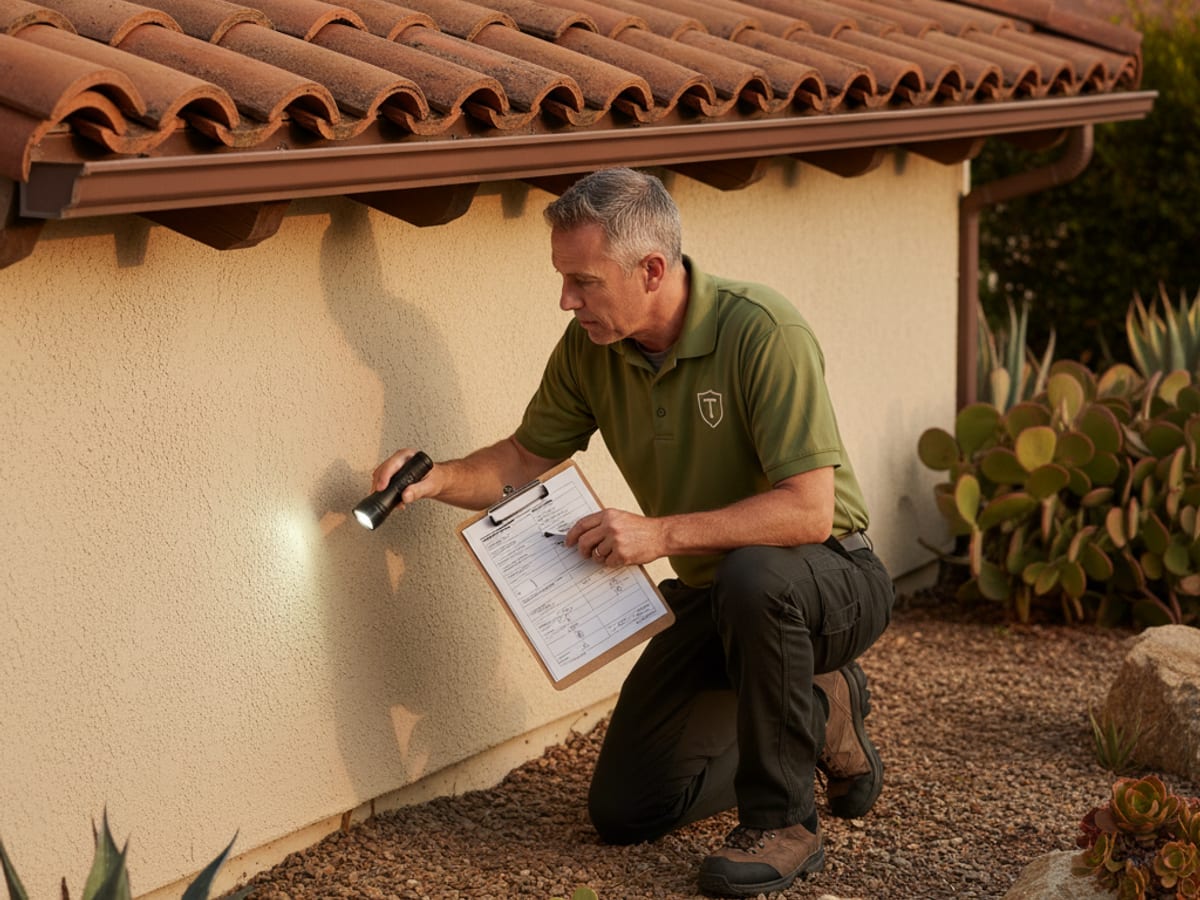 A licensed termite inspector examining the foundation and crawlspace of a San Diego home