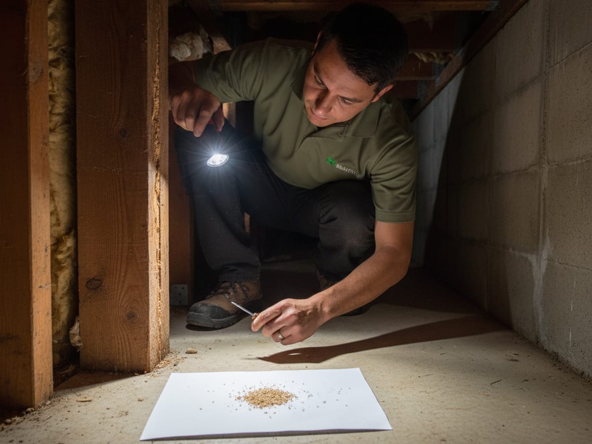 A pest control technician inspecting termite damage in a wood beam of a San Diego home