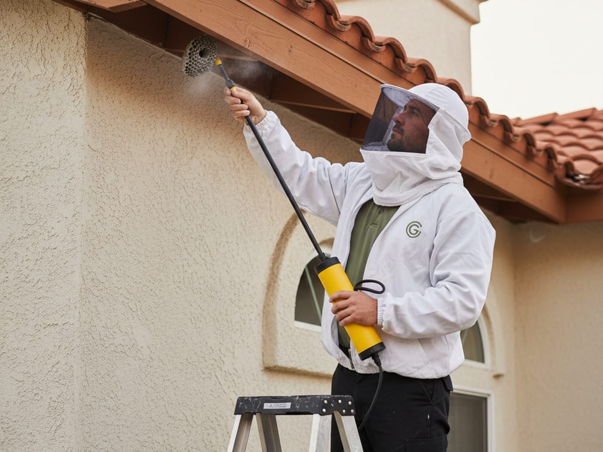 A pest control technician in protective gear treating a wasp nest under the eaves of a San Diego home